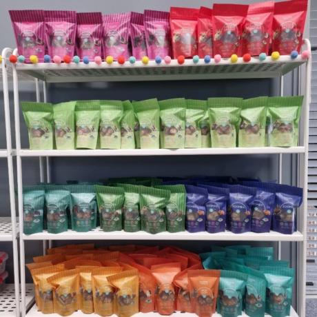Coloured pet food stand up pouches on shelving Read Labels and Packaging