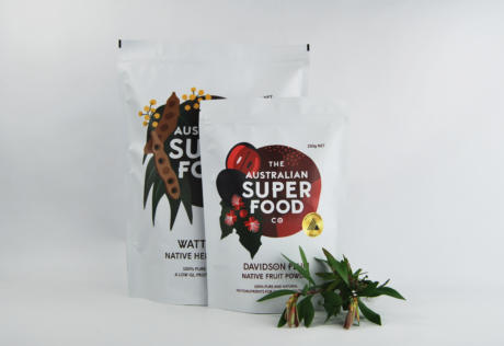 White stand up pouch in two sizes on white background branded The Australian Superfood Co.