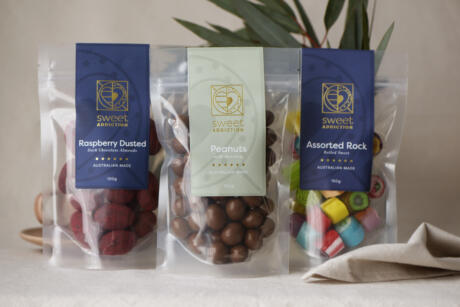 Sweet Addiction clear packaging with green and navy Read Labels & Packaging food labelling